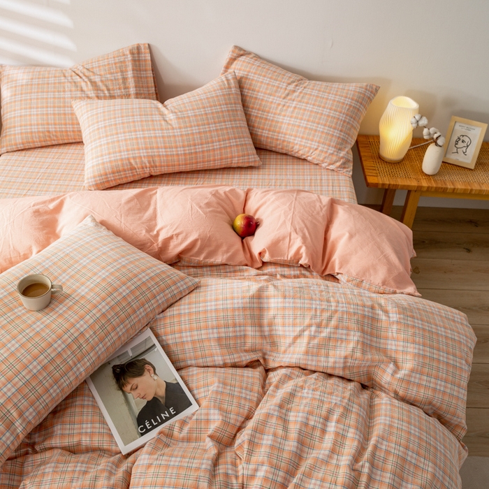 91家纺网 家纺一手货源 找家纺 咏绒家纺工厂店 2025新款A类色织水洗棉四件套 凯利桔