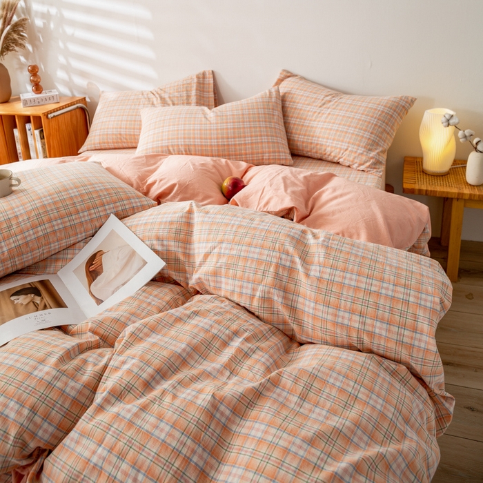 91家纺网 家纺一手货源 找家纺 咏绒家纺工厂店 2025新款A类色织水洗棉四件套 凯利桔