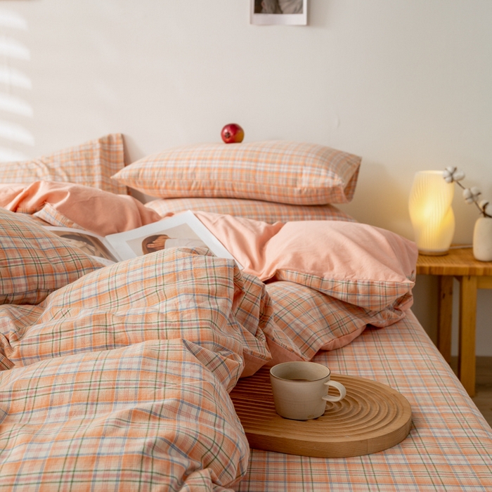 91家纺网 家纺一手货源 找家纺 咏绒家纺工厂店 2025新款A类色织水洗棉四件套 凯利桔