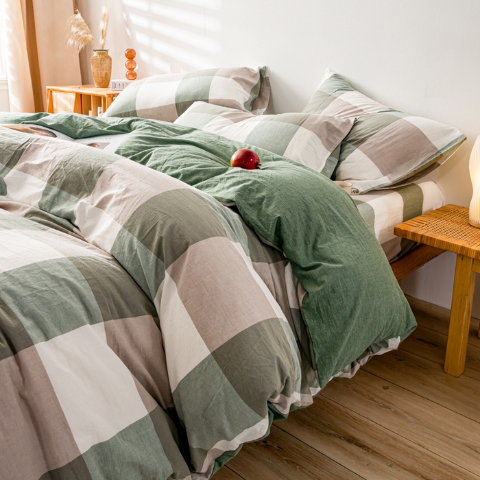 咏绒家纺工厂店 2025新款A类色织水洗棉四件套 绿大格