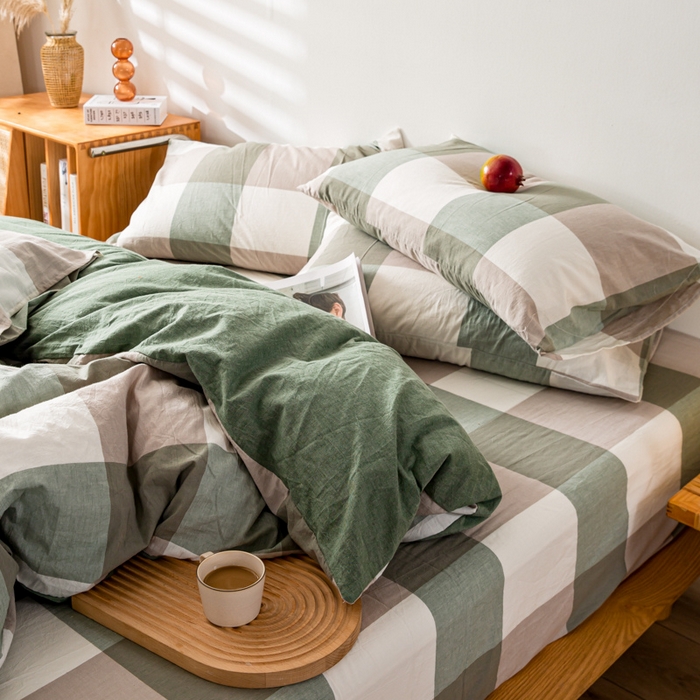 91家纺网 家纺一手货源 找家纺 咏绒家纺工厂店 2025新款A类色织水洗棉四件套 绿大格