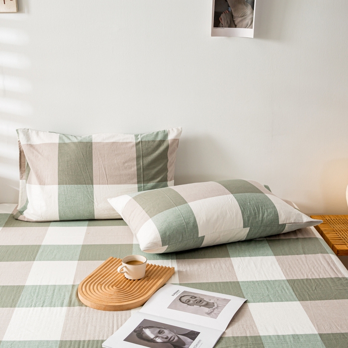 91家纺网 家纺一手货源 找家纺 咏绒家纺工厂店 2025新款A类色织水洗棉四件套 绿大格