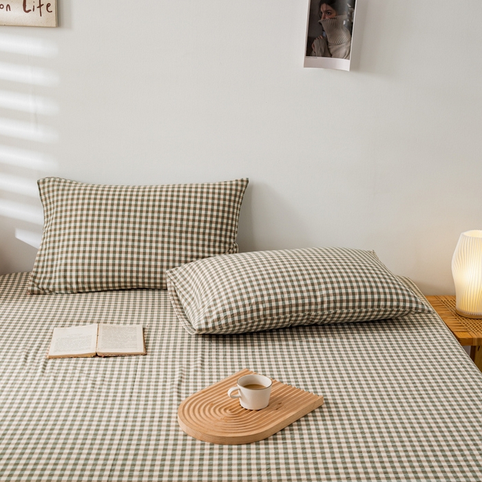 91家纺网 家纺一手货源 找家纺 咏绒家纺工厂店 2025新款A类色织水洗棉四件套 绿小格