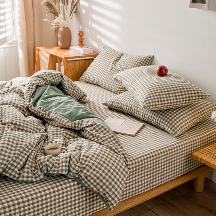 91家纺网 家纺一手货源 找家纺 咏绒家纺工厂店 2025新款A类色织水洗棉四件套 绿小格