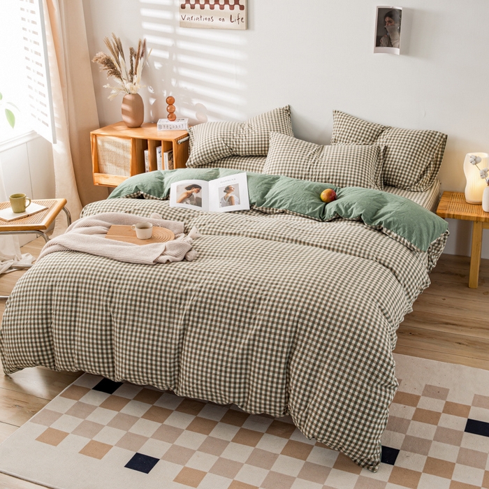 91家纺网 家纺一手货源 找家纺 咏绒家纺工厂店 2025新款A类色织水洗棉四件套 绿小格