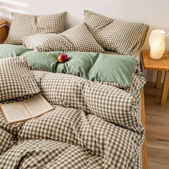 91家纺网 家纺一手货源 找家纺 咏绒家纺工厂店 2025新款A类色织水洗棉四件套 绿小格