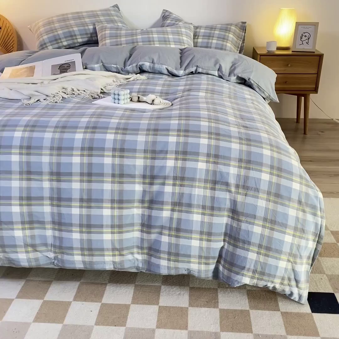 91家纺网 家纺一手货源 找家纺 咏绒家纺工厂店 2025新款A类色织水洗棉四件套 绿小格