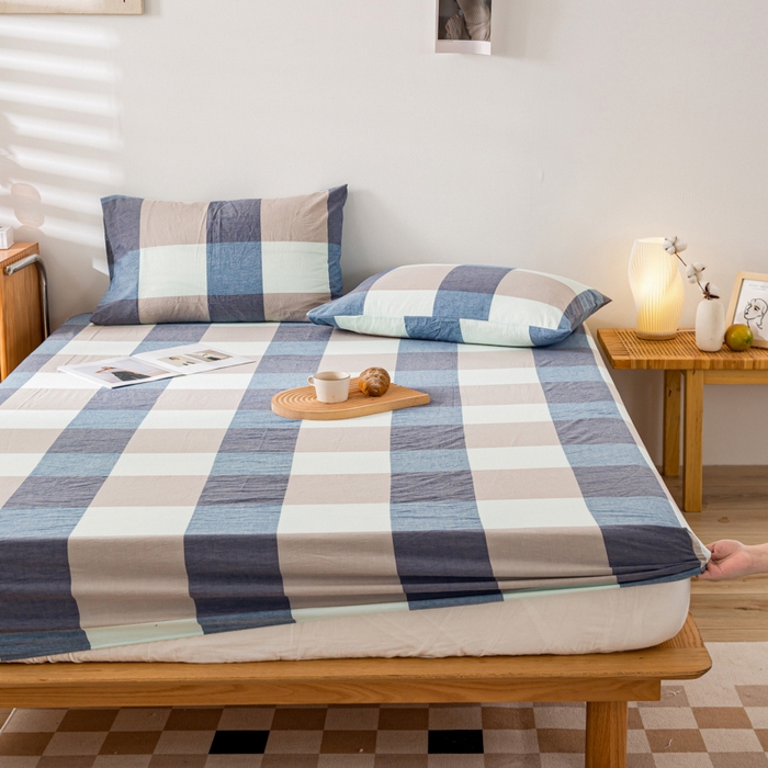 91家纺网 家纺一手货源 找家纺 咏绒家纺工厂店 2025新款A类色织水洗棉四件套 米棕丈青格