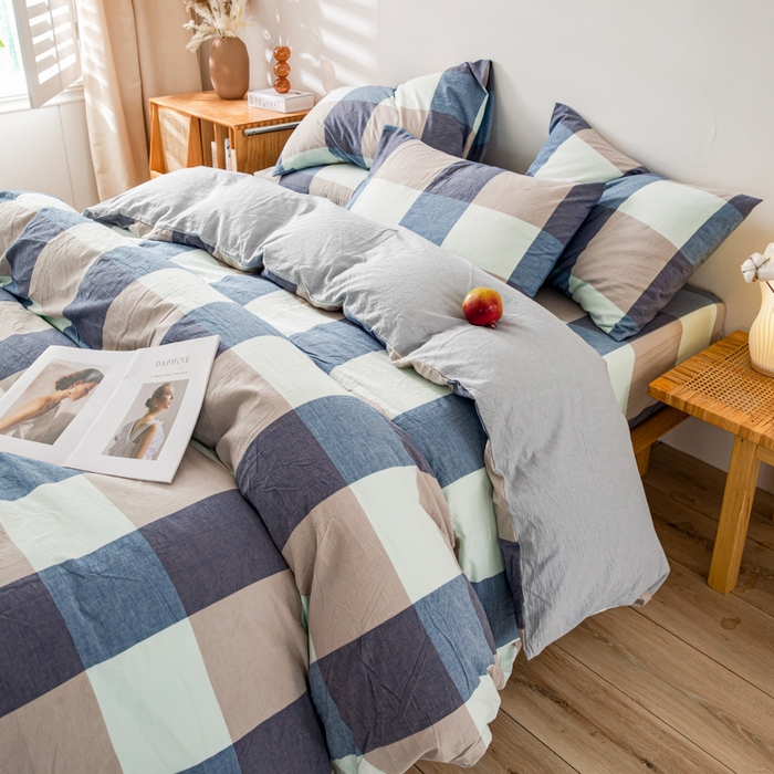 91家纺网 家纺一手货源 找家纺 咏绒家纺工厂店 2025新款A类色织水洗棉四件套 米棕丈青格