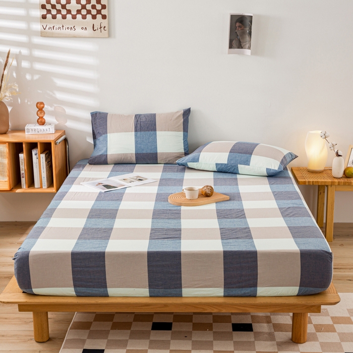 91家纺网 家纺一手货源 找家纺 咏绒家纺工厂店 2025新款A类色织水洗棉四件套 米棕丈青格