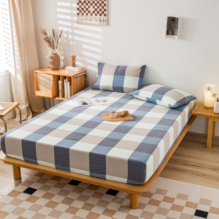 91家纺网 家纺一手货源 找家纺 咏绒家纺工厂店 2025新款A类色织水洗棉四件套 米棕丈青格