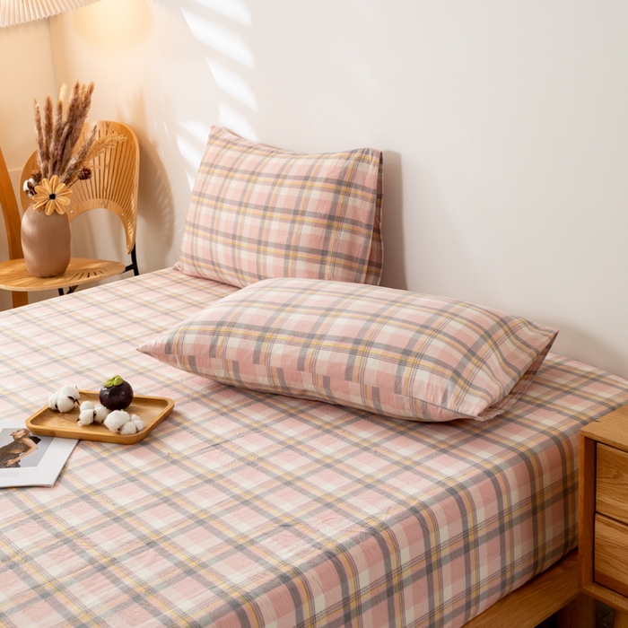 91家纺网 家纺一手货源 找家纺 咏绒家纺工厂店 2025新款A类色织水洗棉四件套 莫妮卡粉