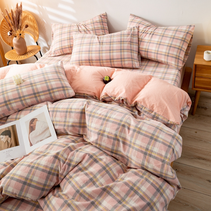 91家纺网 家纺一手货源 找家纺 咏绒家纺工厂店 2025新款A类色织水洗棉四件套 莫妮卡粉