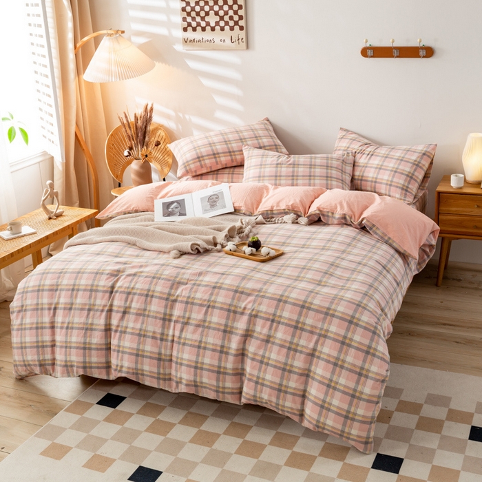 91家纺网 家纺一手货源 找家纺 咏绒家纺工厂店 2025新款A类色织水洗棉四件套 莫妮卡粉