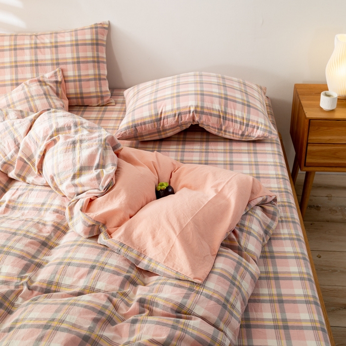 91家纺网 家纺一手货源 找家纺 咏绒家纺工厂店 2025新款A类色织水洗棉四件套 莫妮卡粉