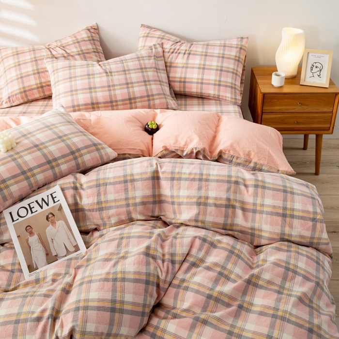 91家纺网 家纺一手货源 找家纺 咏绒家纺工厂店 2025新款A类色织水洗棉四件套 莫妮卡粉