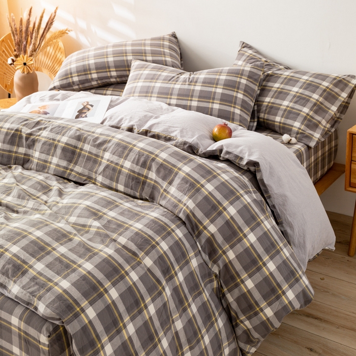 91家纺网 家纺一手货源 找家纺 咏绒家纺工厂店 2025新款A类色织水洗棉四件套 莫妮卡灰