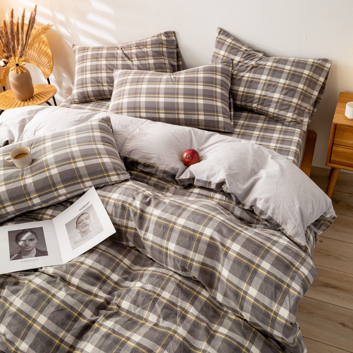 91家纺网 家纺一手货源 找家纺 咏绒家纺工厂店 2025新款A类色织水洗棉四件套 莫妮卡灰