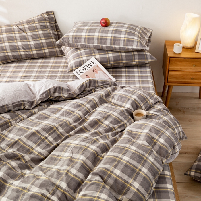 91家纺网 家纺一手货源 找家纺 咏绒家纺工厂店 2025新款A类色织水洗棉四件套 莫妮卡灰