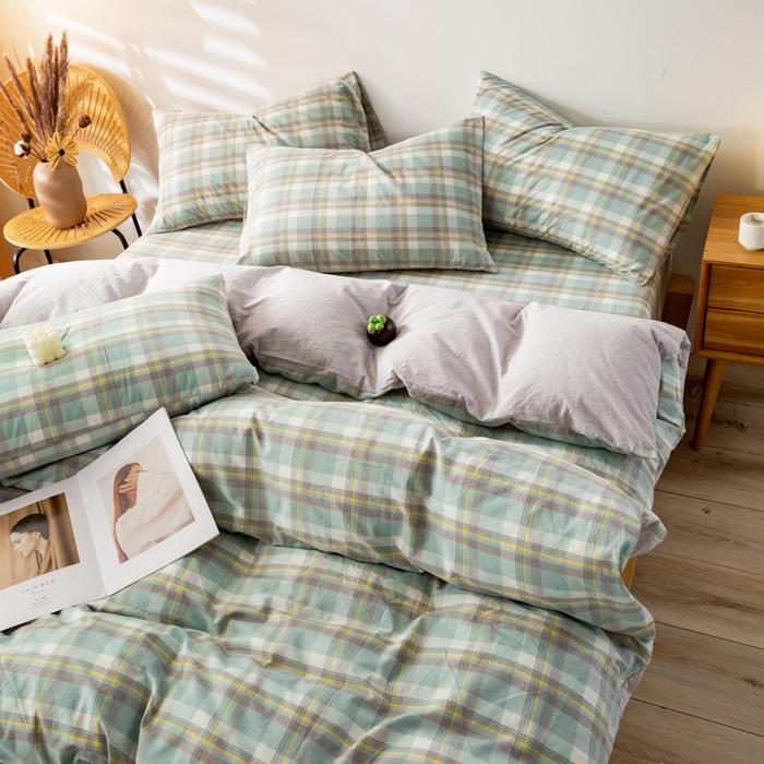 91家纺网 家纺一手货源 找家纺 咏绒家纺工厂店 2025新款A类色织水洗棉四件套 莫妮卡绿