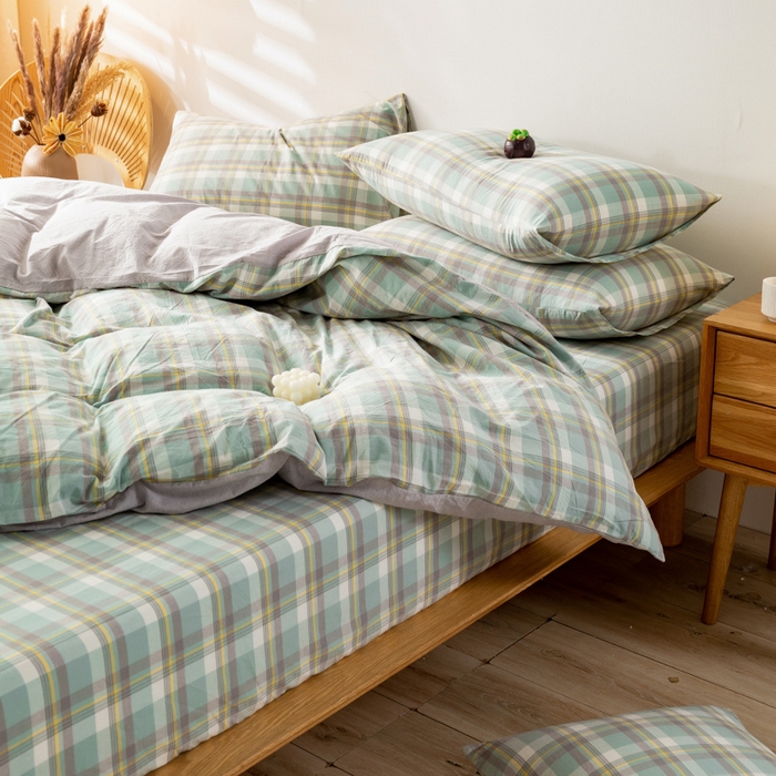 91家纺网 家纺一手货源 找家纺 咏绒家纺工厂店 2025新款A类色织水洗棉四件套 莫妮卡绿