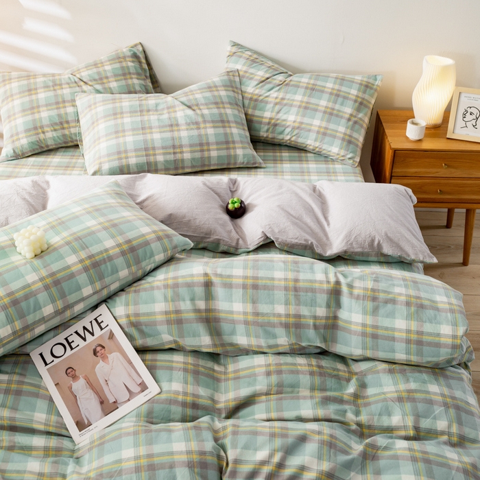 91家纺网 家纺一手货源 找家纺 咏绒家纺工厂店 2025新款A类色织水洗棉四件套 莫妮卡绿