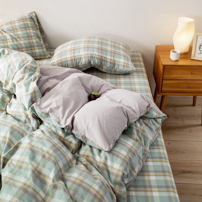 91家纺网 家纺一手货源 找家纺 咏绒家纺工厂店 2025新款A类色织水洗棉四件套 莫妮卡绿