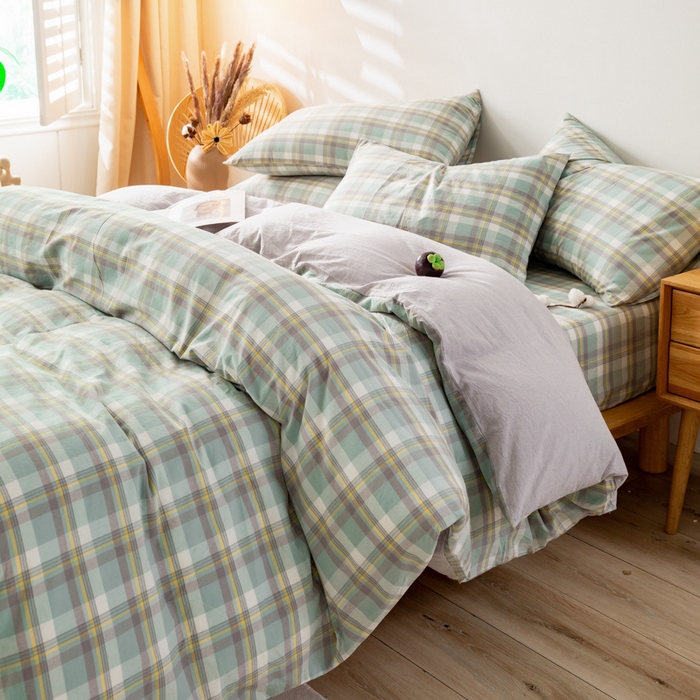 91家纺网 家纺一手货源 找家纺 咏绒家纺工厂店 2025新款A类色织水洗棉四件套 莫妮卡绿