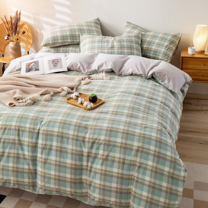 91家纺网 家纺一手货源 找家纺 咏绒家纺工厂店 2025新款A类色织水洗棉四件套 莫妮卡绿