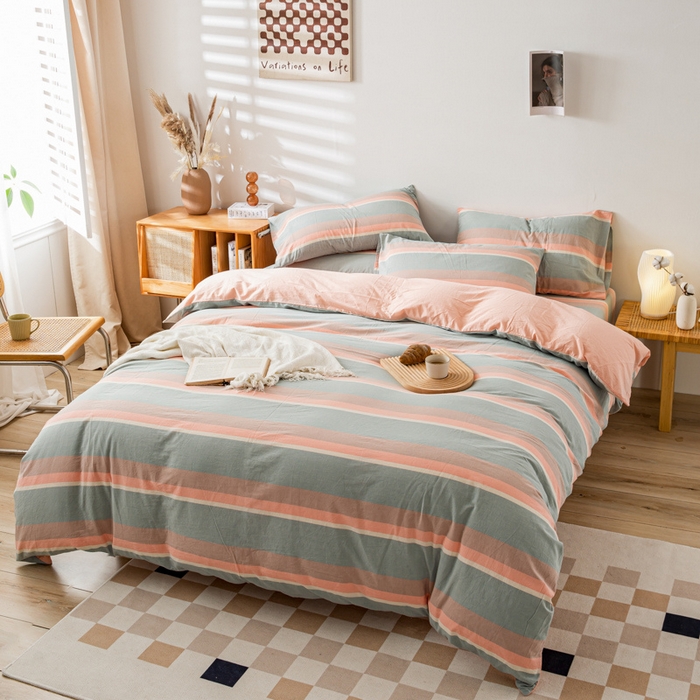 91家纺网 家纺一手货源 找家纺 咏绒家纺工厂店 2025新款A类色织水洗棉四件套 嫩绿卡其条