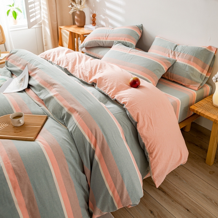 91家纺网 家纺一手货源 找家纺 咏绒家纺工厂店 2025新款A类色织水洗棉四件套 嫩绿卡其条