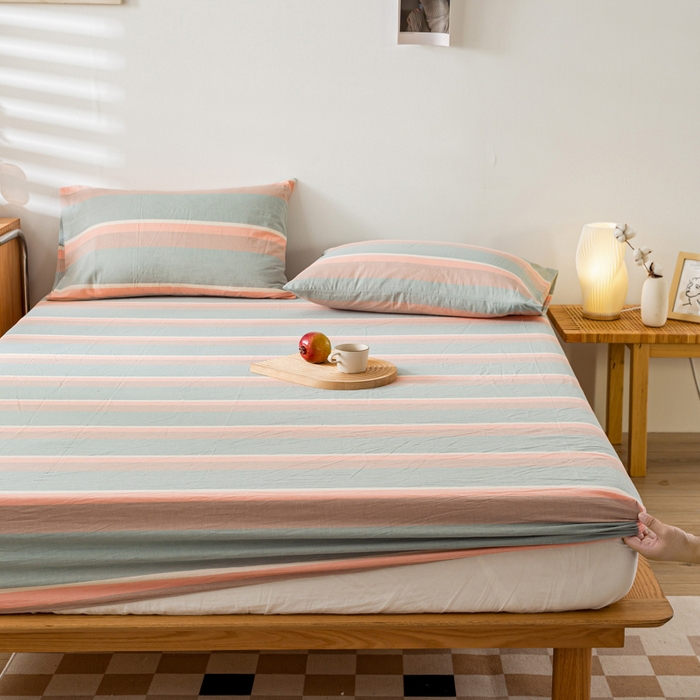 91家纺网 家纺一手货源 找家纺 咏绒家纺工厂店 2025新款A类色织水洗棉四件套 嫩绿卡其条