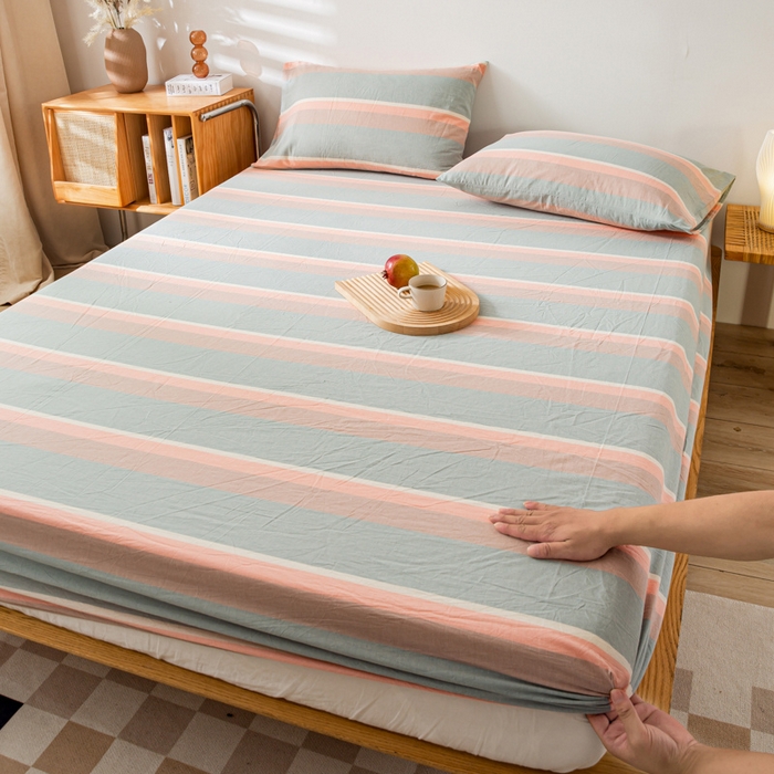 91家纺网 家纺一手货源 找家纺 咏绒家纺工厂店 2025新款A类色织水洗棉四件套 嫩绿卡其条