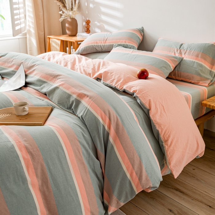 91家纺网 家纺一手货源 找家纺 咏绒家纺工厂店 2025新款A类色织水洗棉四件套 嫩绿卡其条