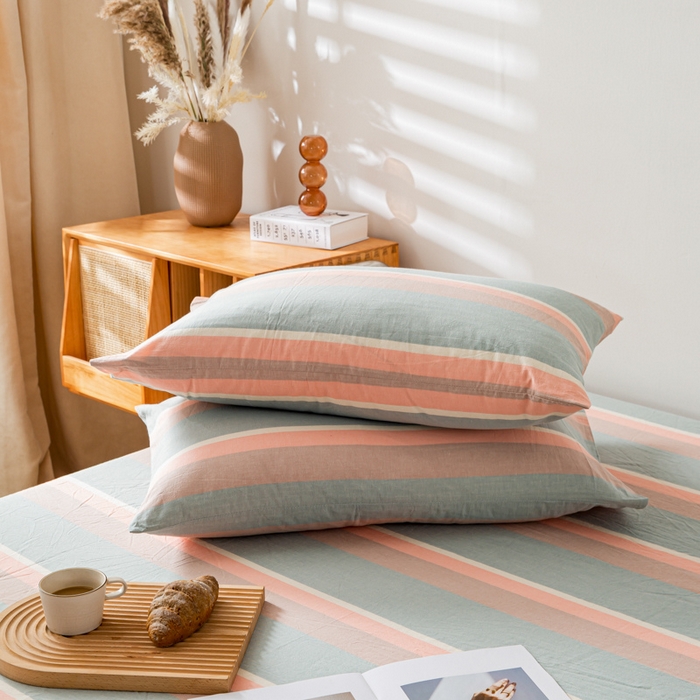 91家纺网 家纺一手货源 找家纺 咏绒家纺工厂店 2025新款A类色织水洗棉四件套 嫩绿卡其条