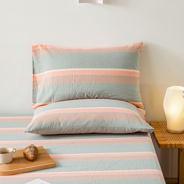 91家纺网 家纺一手货源 找家纺 咏绒家纺工厂店 2025新款A类色织水洗棉四件套 嫩绿卡其条