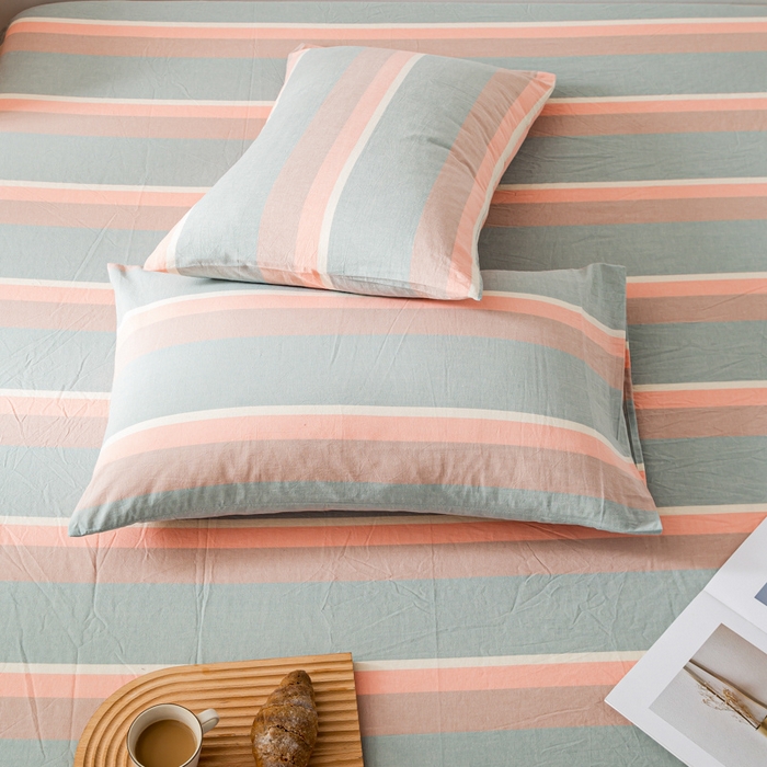 91家纺网 家纺一手货源 找家纺 咏绒家纺工厂店 2025新款A类色织水洗棉四件套 嫩绿卡其条