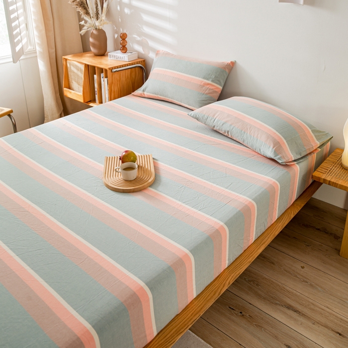 91家纺网 家纺一手货源 找家纺 咏绒家纺工厂店 2025新款A类色织水洗棉四件套 嫩绿卡其条