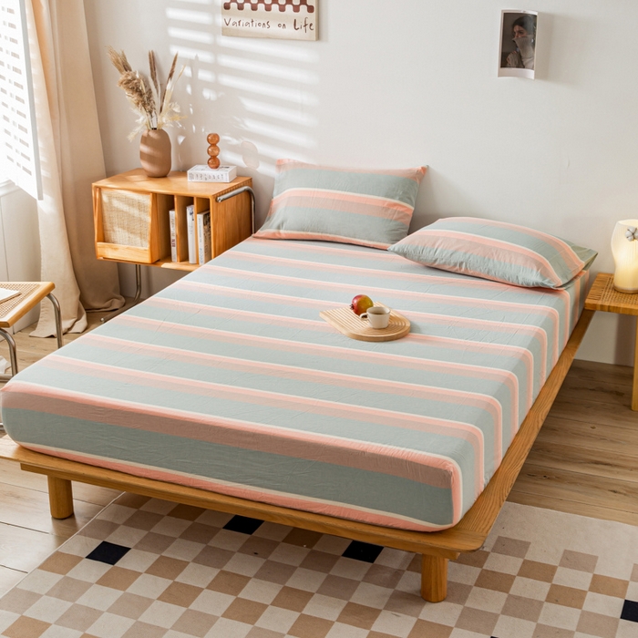 91家纺网 家纺一手货源 找家纺 咏绒家纺工厂店 2025新款A类色织水洗棉四件套 嫩绿卡其条