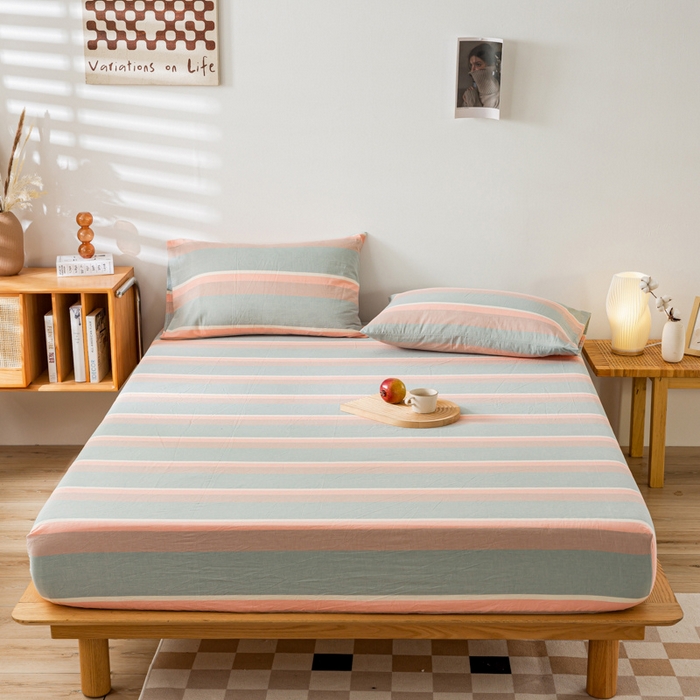 91家纺网 家纺一手货源 找家纺 咏绒家纺工厂店 2025新款A类色织水洗棉四件套 嫩绿卡其条