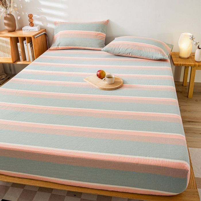 91家纺网 家纺一手货源 找家纺 咏绒家纺工厂店 2025新款A类色织水洗棉四件套 嫩绿卡其条