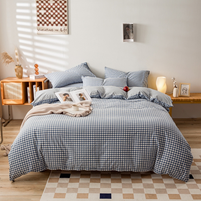 91家纺网 家纺一手货源 找家纺 咏绒家纺工厂店 2025新款A类色织水洗棉四件套 浅蓝小格