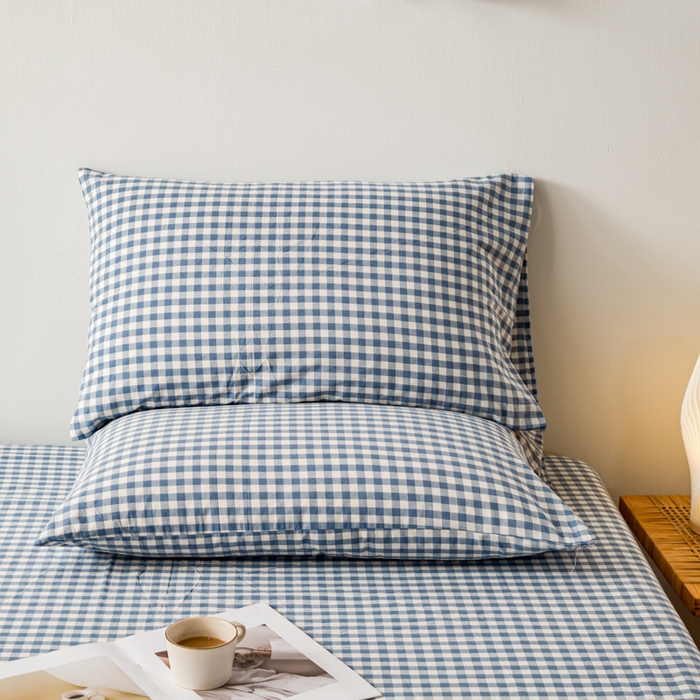 91家纺网 家纺一手货源 找家纺 咏绒家纺工厂店 2025新款A类色织水洗棉四件套 浅蓝小格