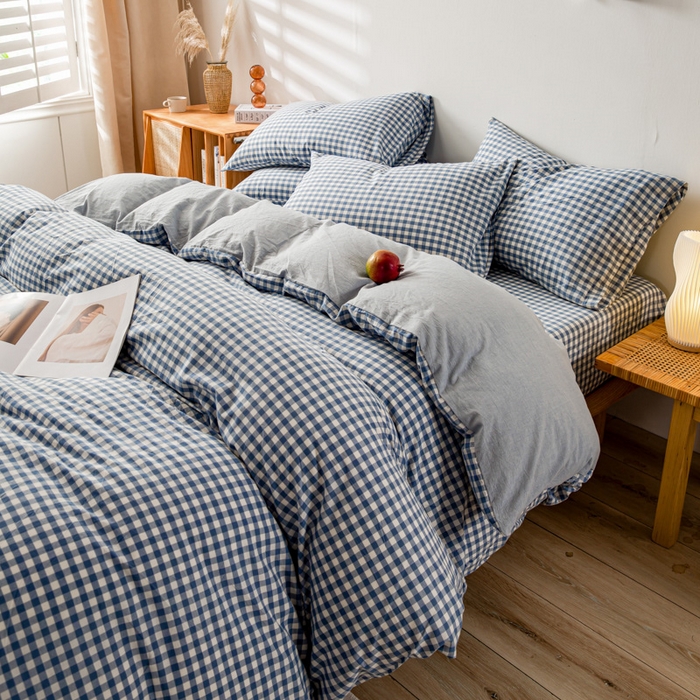 91家纺网 家纺一手货源 找家纺 咏绒家纺工厂店 2025新款A类色织水洗棉四件套 浅蓝小格