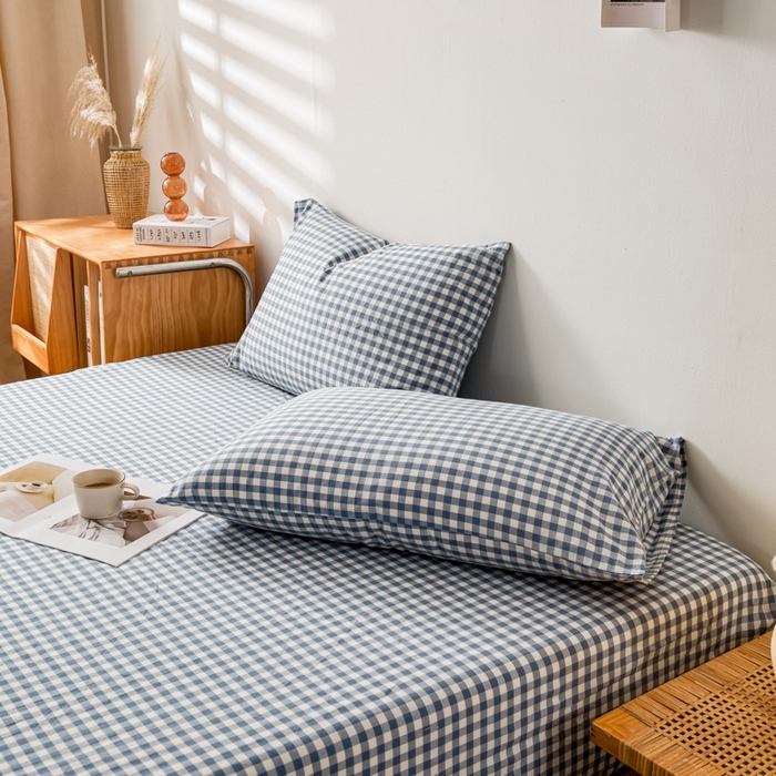 91家纺网 家纺一手货源 找家纺 咏绒家纺工厂店 2025新款A类色织水洗棉四件套 浅蓝小格