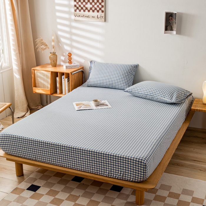 91家纺网 家纺一手货源 找家纺 咏绒家纺工厂店 2025新款A类色织水洗棉四件套 浅蓝小格