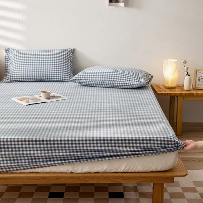 91家纺网 家纺一手货源 找家纺 咏绒家纺工厂店 2025新款A类色织水洗棉四件套 浅蓝小格