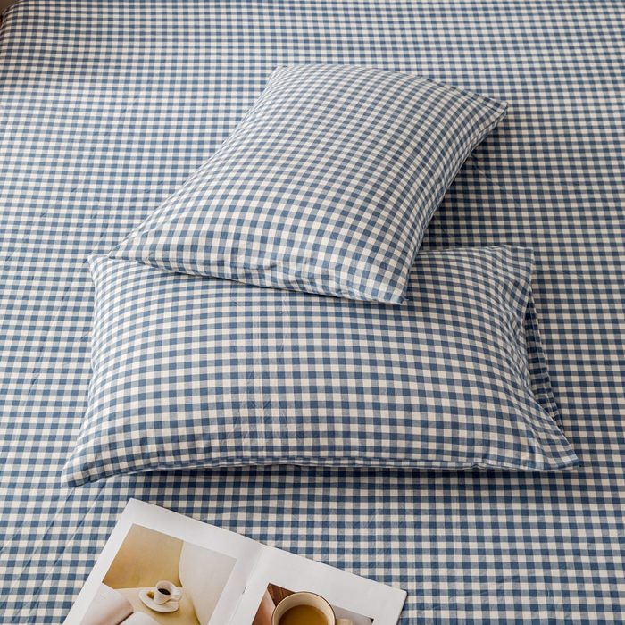 91家纺网 家纺一手货源 找家纺 咏绒家纺工厂店 2025新款A类色织水洗棉四件套 浅蓝小格