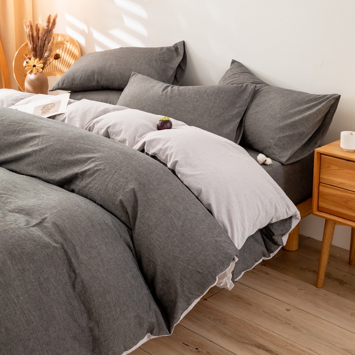 咏绒家纺工厂店 2025新款A类色织水洗棉四件套 深灰+浅灰