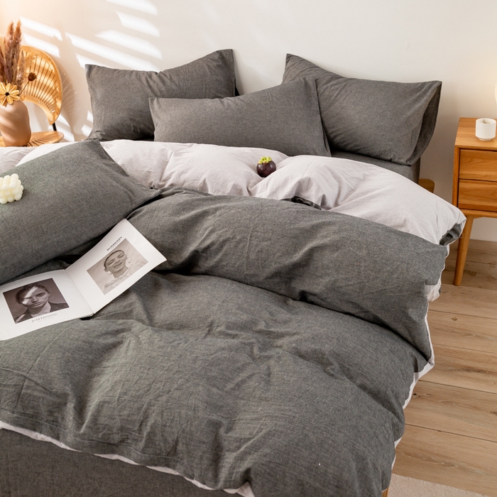 91家纺网 家纺一手货源 找家纺 咏绒家纺工厂店 2025新款A类色织水洗棉四件套 深灰+浅灰